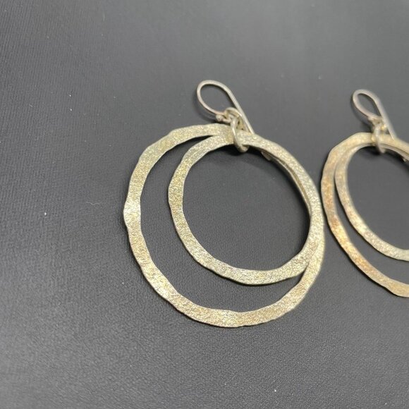 Double Circle Textured Hoop Dangle Drop Earrings Hook Closure Silver Tone - Picture 3 of 4